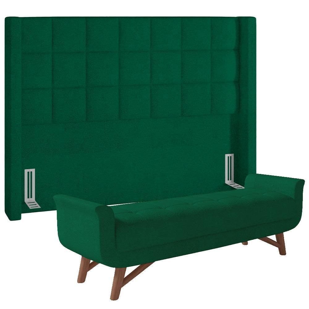 Kit Cabeceira Cama Box Paris 195cm Com Puff Recamier Itália P05 Bouclê Verde