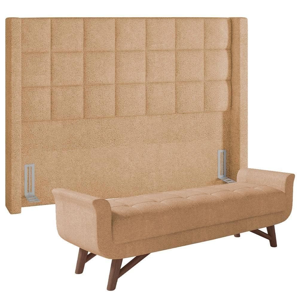 Kit Cabeceira Cama Box Paris 195cm Com Puff Recamier Itália P05 Bouclê Mostarda