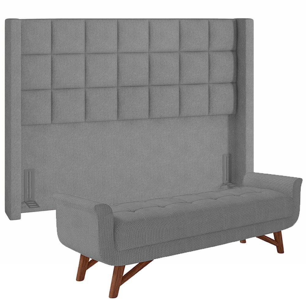 Kit Cabeceira Cama Box Casal 140cm Paris Com Puff Recamier Itália Linho Cinza Escuro