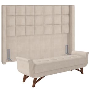 Kit Cabeceira Cama Box Casal 140cm Paris Com Puff Recamier Itália Linho Creme