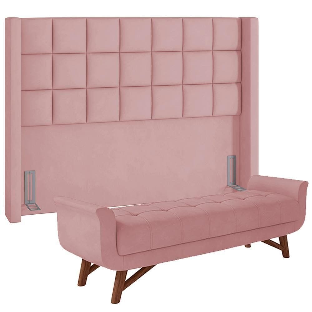 Kit Cabeceira Cama Box Casal 140cm Paris Com Puff Recamier Itália Veludo Rosê - Lyam