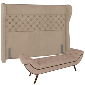 Kit Cabeceira Cama Box Casal 140cm Madrid Com Puff Recamier Santorini Veludo Bege