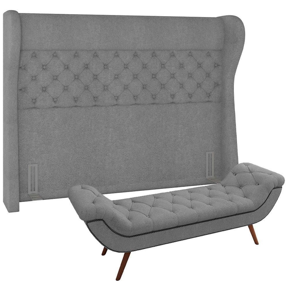Kit Cabeceira Cama Box Casal 160cm Madrid Com Puff Recamier Santorini Bouclê Cinza