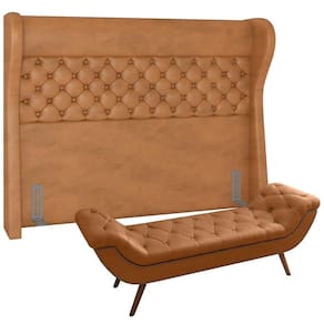 Kit Cabeceira Cama Box Casal 160 Cm Madrid Com Puff Recamier Santorini Couríssimo Whisky - Lyam Decor