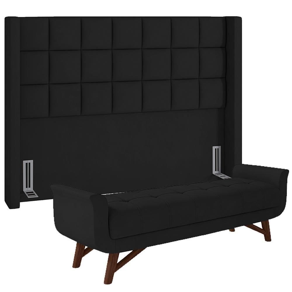 Kit Cabeceira Cama Box Casal 140cm Paris Com Puff Recamier Itália Veludo Preto - Lyam