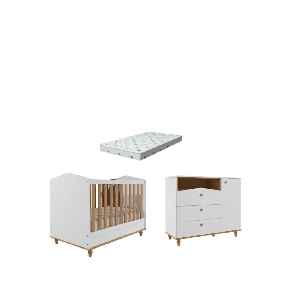 Quarto Bebe Berço e Cômoda MDF Dorabelly Sinha + Colchão