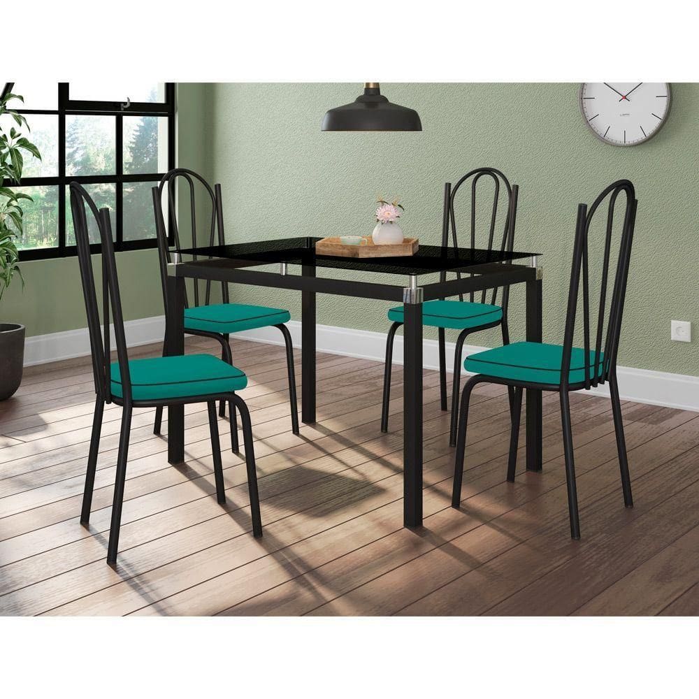 Conjunto De Mesa 6 Cadeiras Vidro Preto Fosco Platina