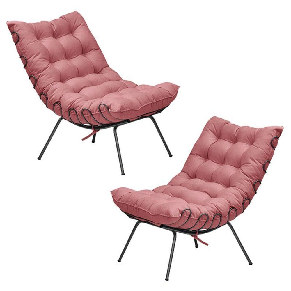 2 Poltronas Sala estar Abel Base de Ferro Preto Suede Rosa