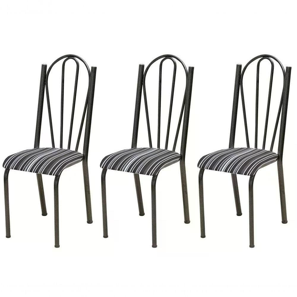 Kit 03 Cadeiras Tubular Cromo Preto 021 Assento Preto Listra