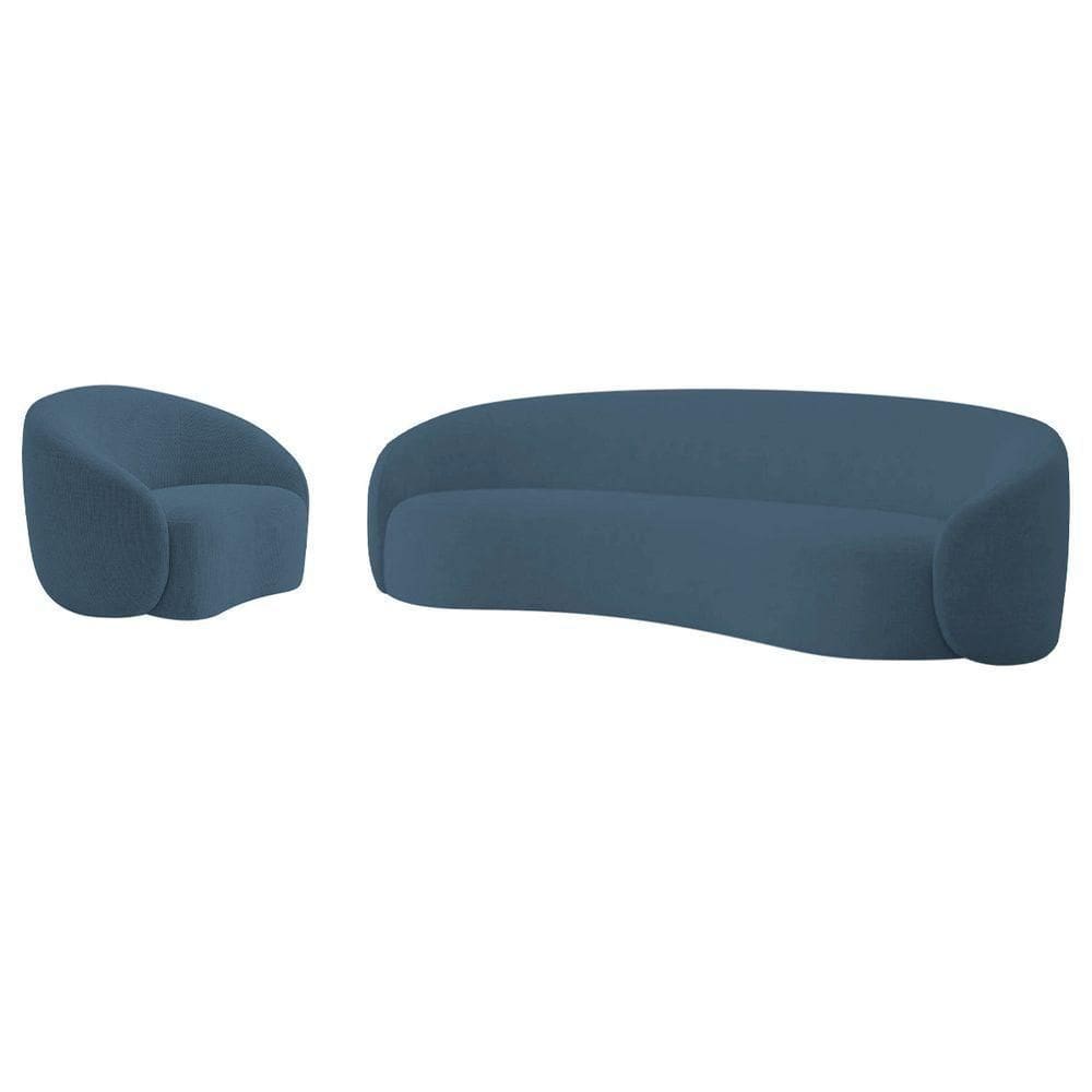 Kit Sofá 3 Lugares 180cm E Poltrona Orgânica Luxo Recepção Amore Linho Azul Royal