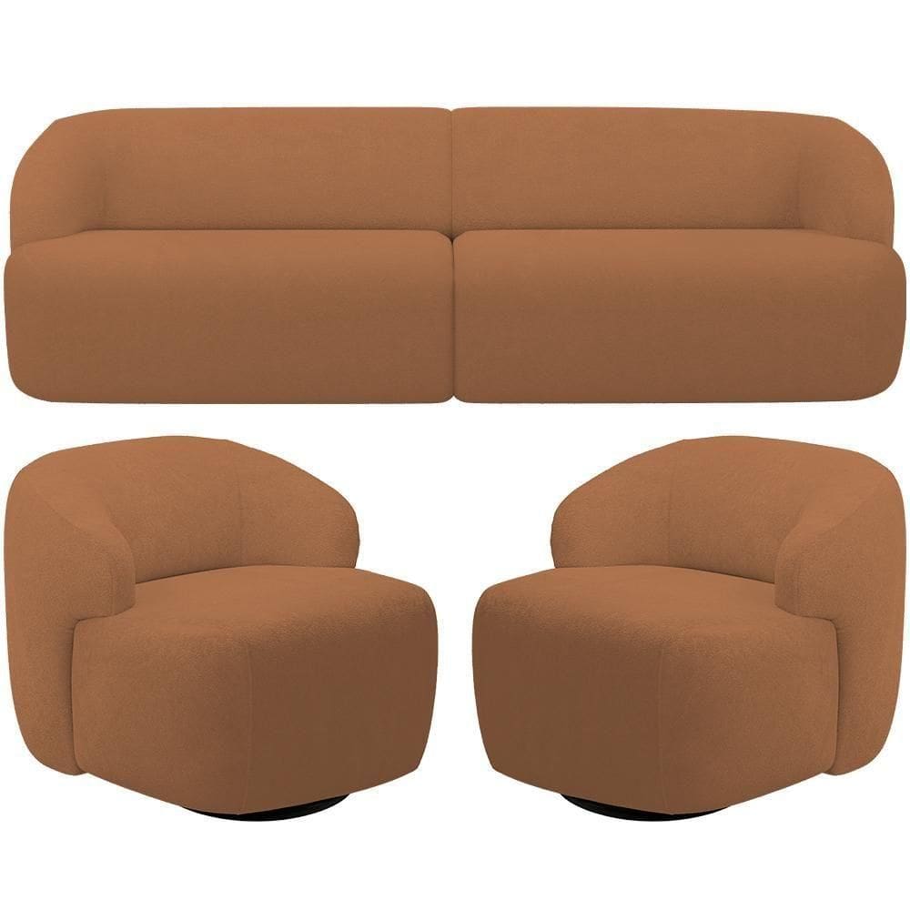 Sofá 3 Lugares Curvo Orgânico Com 02 Poltronas Living 250cm Barolo L06 Bouclê Terracota