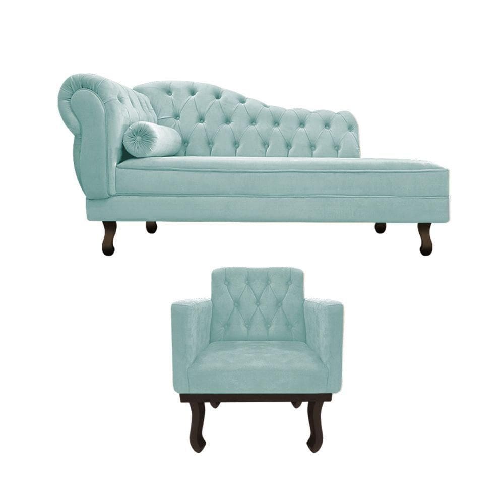 Kit Diva Recamier Diana 120cm Lado Direito E 1 Poltrona Classic Suede Azul Tiffany