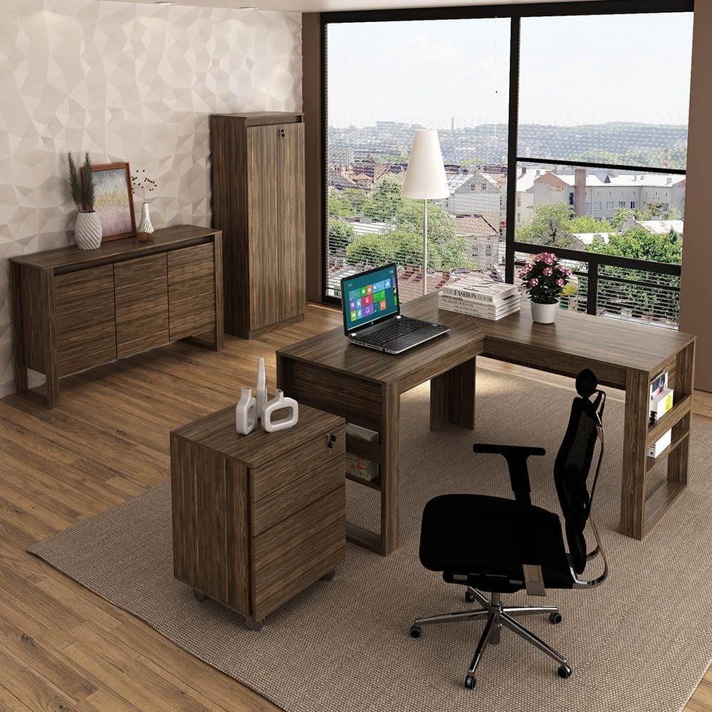 Escritório Completo Mesa Angular Armário, Balcão E Gaveteiro