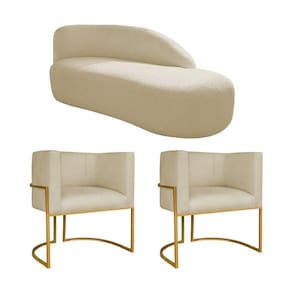 Kit Divã Luna 185cm Lado Direito E 02 Poltronas Base De Ferro Dourado Suede Bege
