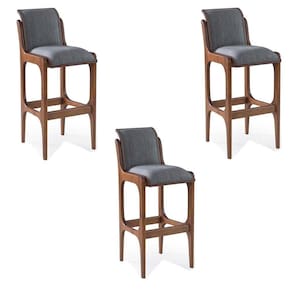 Kit 3 Banquetas Alta Madeira Maciça Pedri Linho Cinza/Imbuia