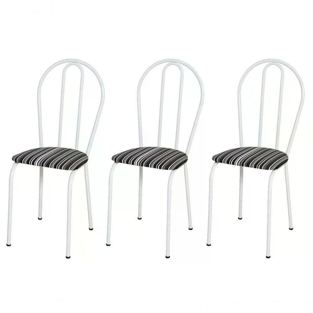 Kit 03 Cadeiras Tubular Branco 004 Assento Preto Listrado Pr
