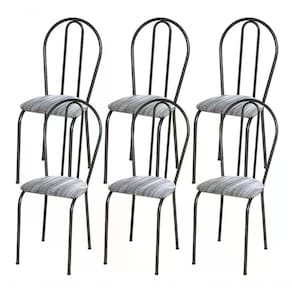 Kit 06 Cadeiras Tubular Cromo Preto 004 Assento Linho Linho