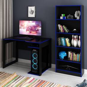 Mesa E Armário Para Escritório Cool Mdp Preto/Azul