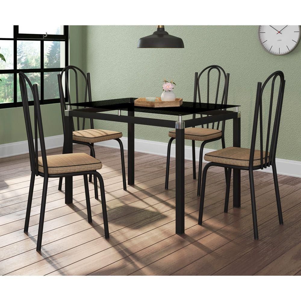 Conjunto De Mesa 4 Cadeiras Vidro Preto Fosco Preto Imbuia
