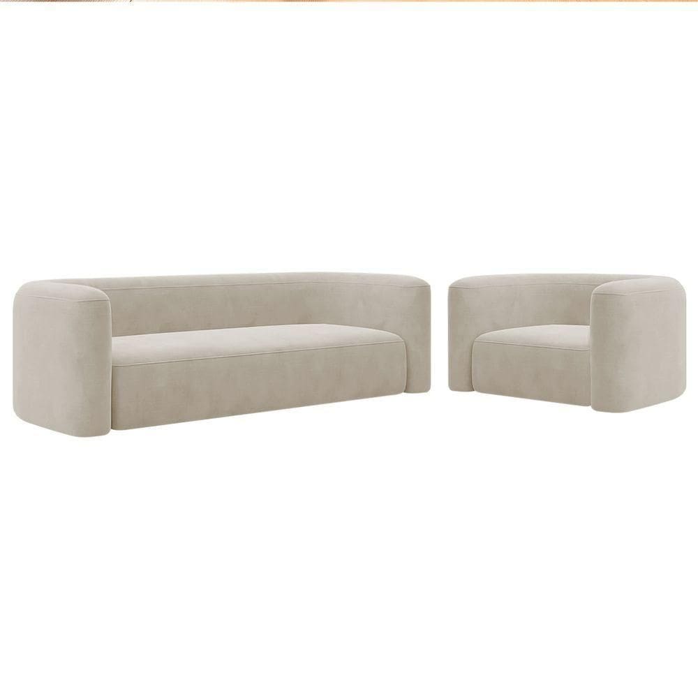 Kit Sofá 3 Lugares 180cm E Poltrona Orgânica Luxo Recepção Melina Linho Adj Decor Bege
