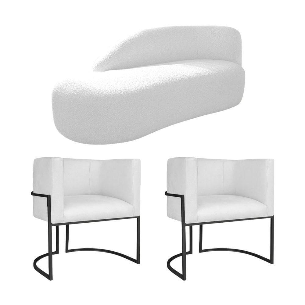 Kit Divã Luna 160cm Lado Esquerdo E 02 Poltronas Base De Ferro Preto Suede Branco