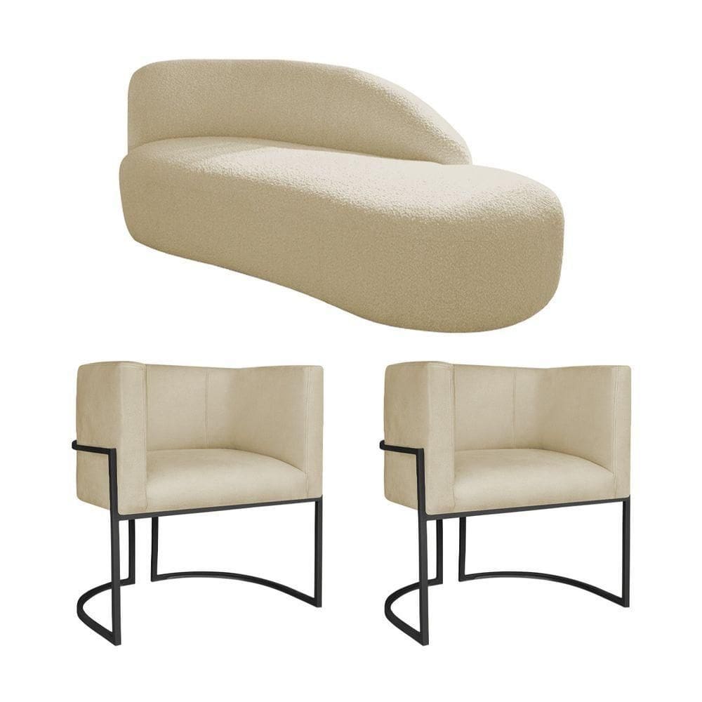 Kit Divã Luna 185cm Lado Direito E 02 Poltronas Base De Ferro Preto Suede Bege