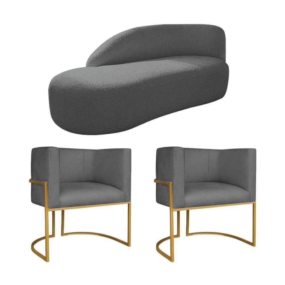 Kit Divã Luna 160cm Lado Esquerdo E 02 Poltronas Base De Ferro Dourado Linho Cinza Escuro