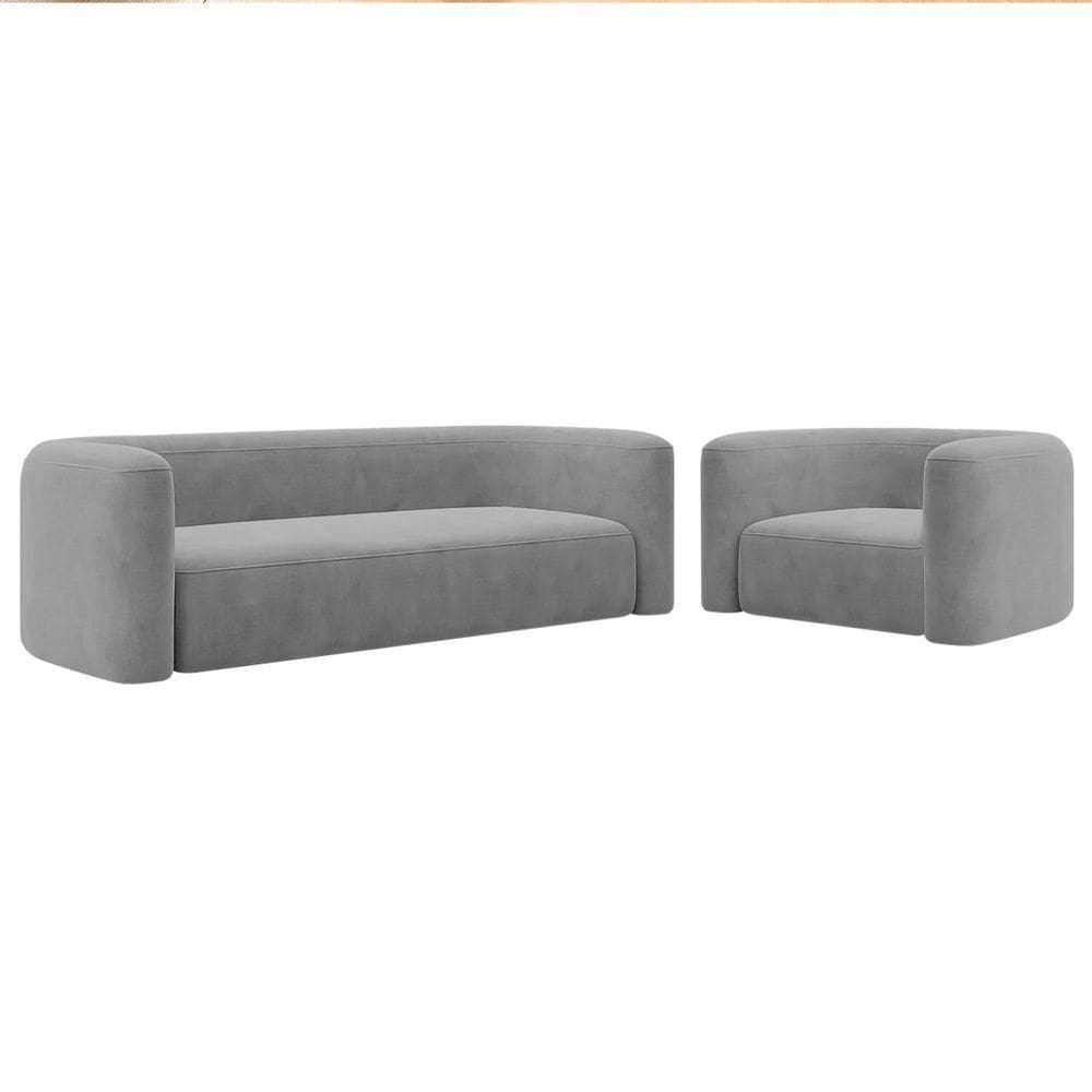 Kit Sofá 3 Lugares 180cm E Poltrona Orgânica Luxo Recepção Melina Bouclé Cinza