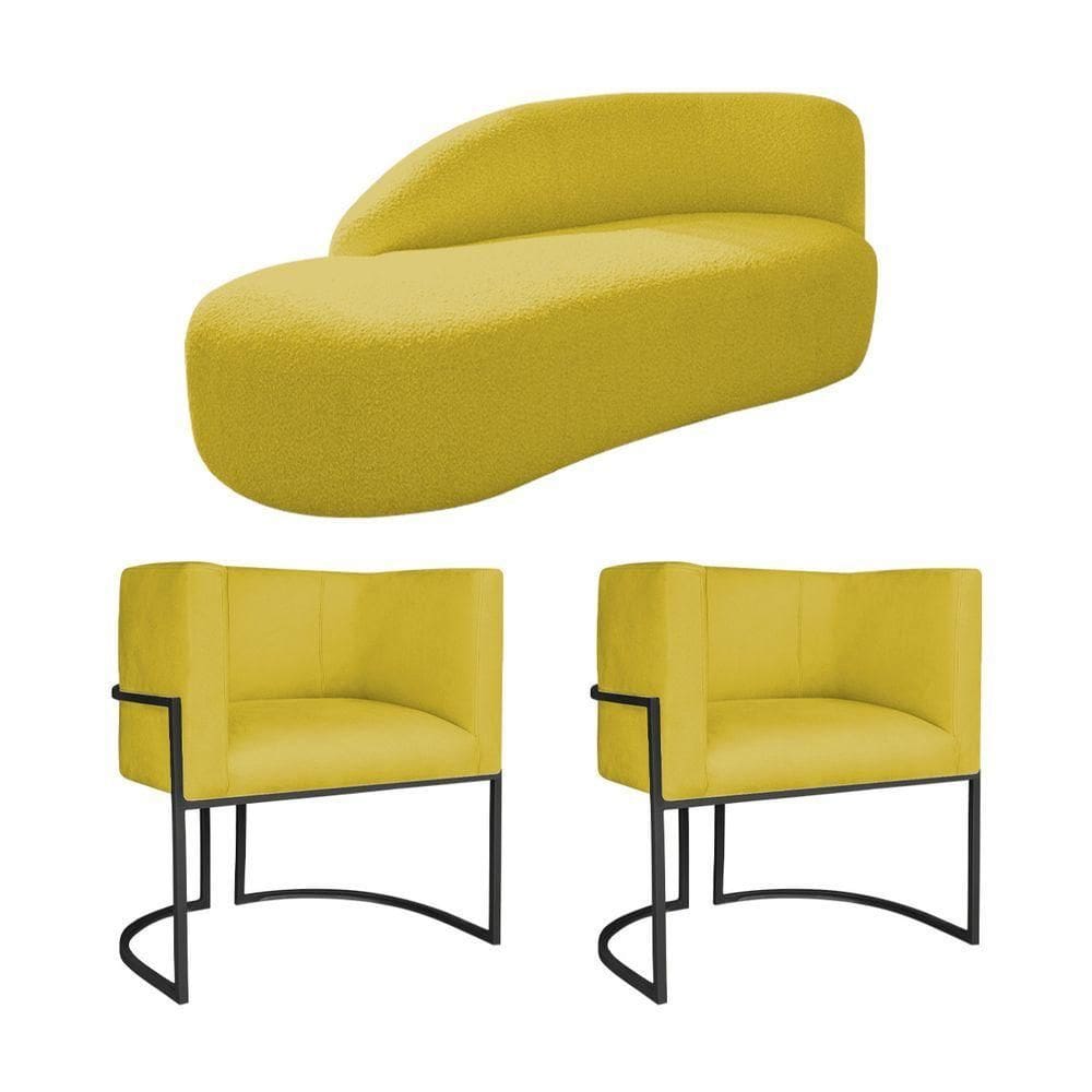 Kit Divã Luna 160cm Lado Esquerdo E 02 Poltronas Base De Ferro Preto Suede Amarelo