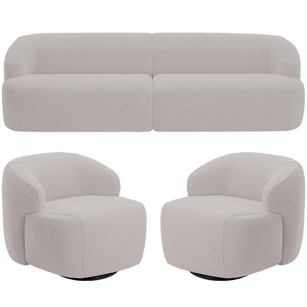 Sofá 3 Lugares Curvo Orgânico Com 02 Poltronas Living 220cm Barolo L06 Veludo Grafite
