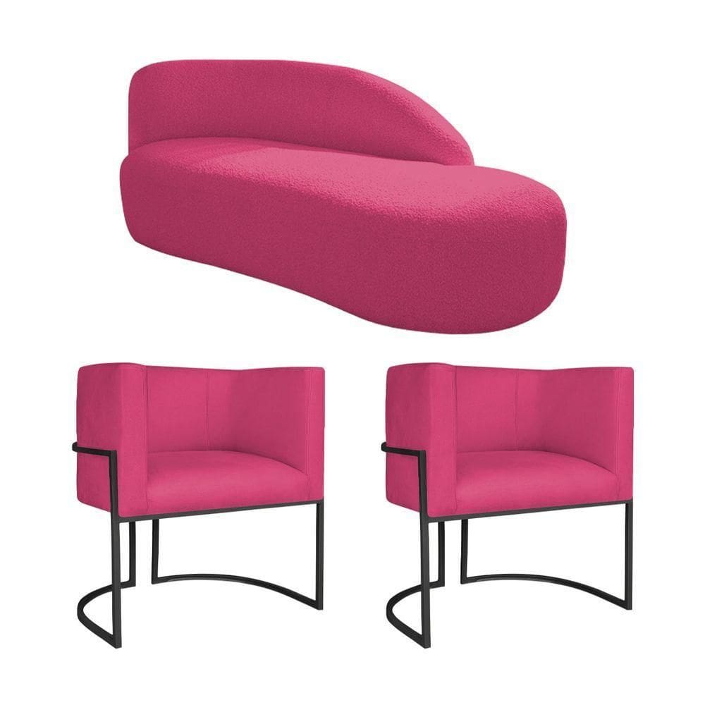 Kit Divã Luna 185cm Lado Direito E 02 Poltronas Base De Ferro Preto Suede Pink