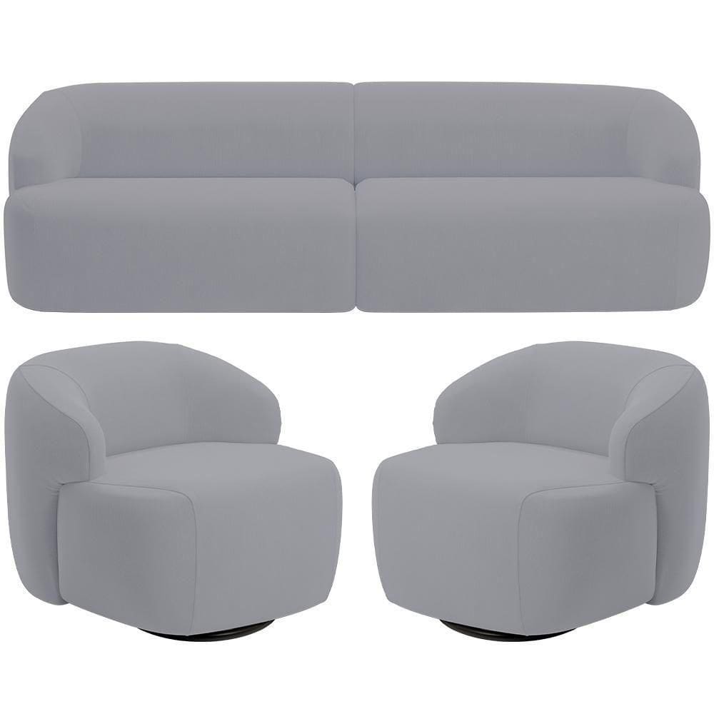 Sofá 3 Lugares Curvo Orgânico Com 02 Poltronas Living 250cm Barolo L06 Veludo Cinza