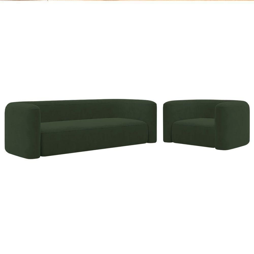 Kit Sofá 3 Lugares 180cm E Poltrona Orgânica Luxo Recepção Melina Linho Verde