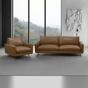 Conjunto Sala De Estar Paloma 1 Sofá 3 Lugares 223cm 1 Poltrona Couro Marrom Claro Manchado