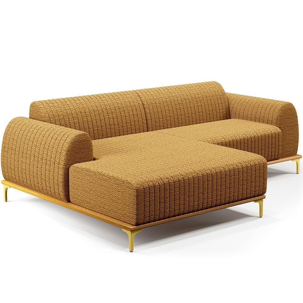 Sofá 5 Lugares Chaise Esquerdo Sala Molino 350cm D02 Pés de ouro Bouclê Mostarda Pb-03