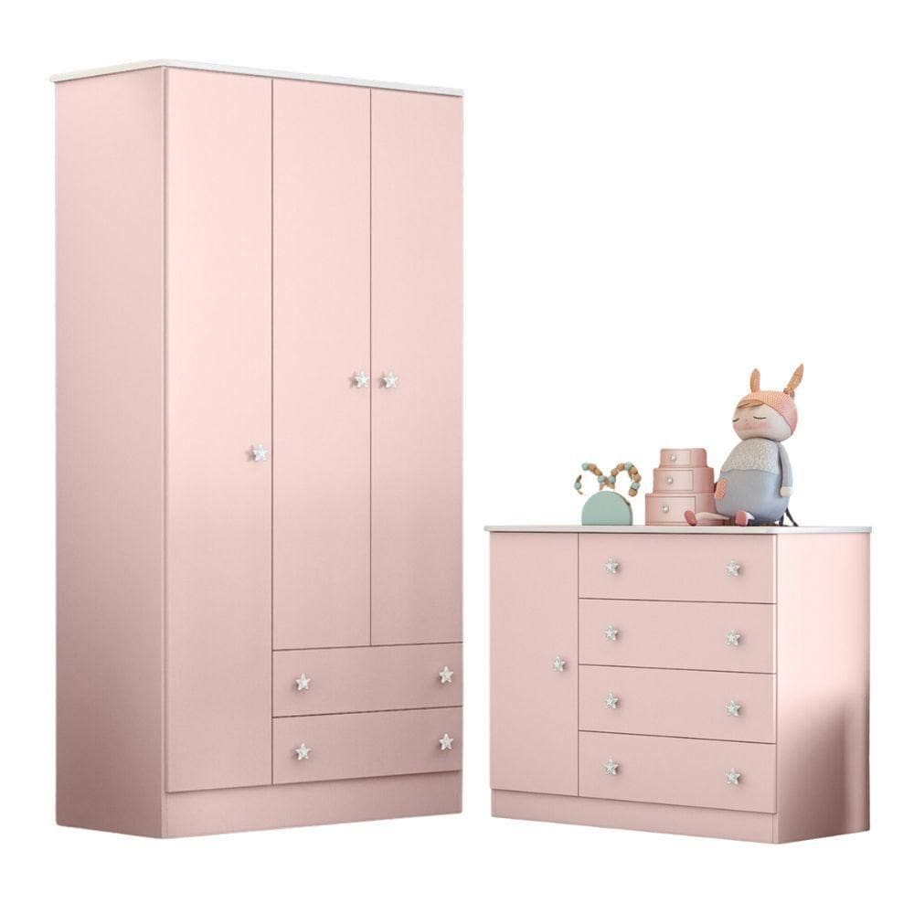 Cômoda E Roupeiro Com 3 Portas Leicester Rosa Acetinado