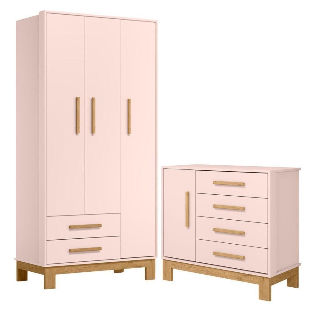 Roupeiro Com 3 Portas E Cômoda Mlata Rosa Acetinado