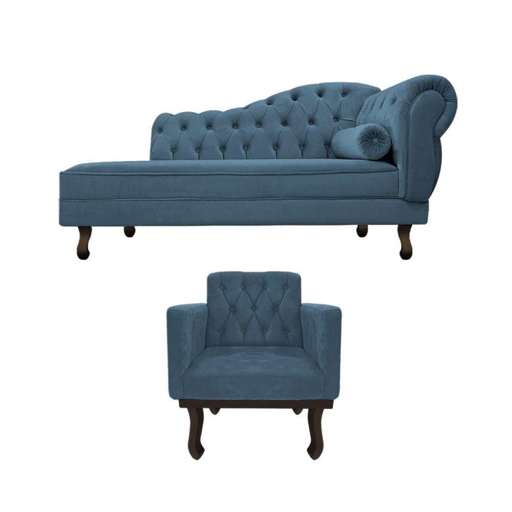 Kit Diva Recamier Diana 120cm Lado Esquerdo E 1 Poltrona Classic Linho Azul Royal