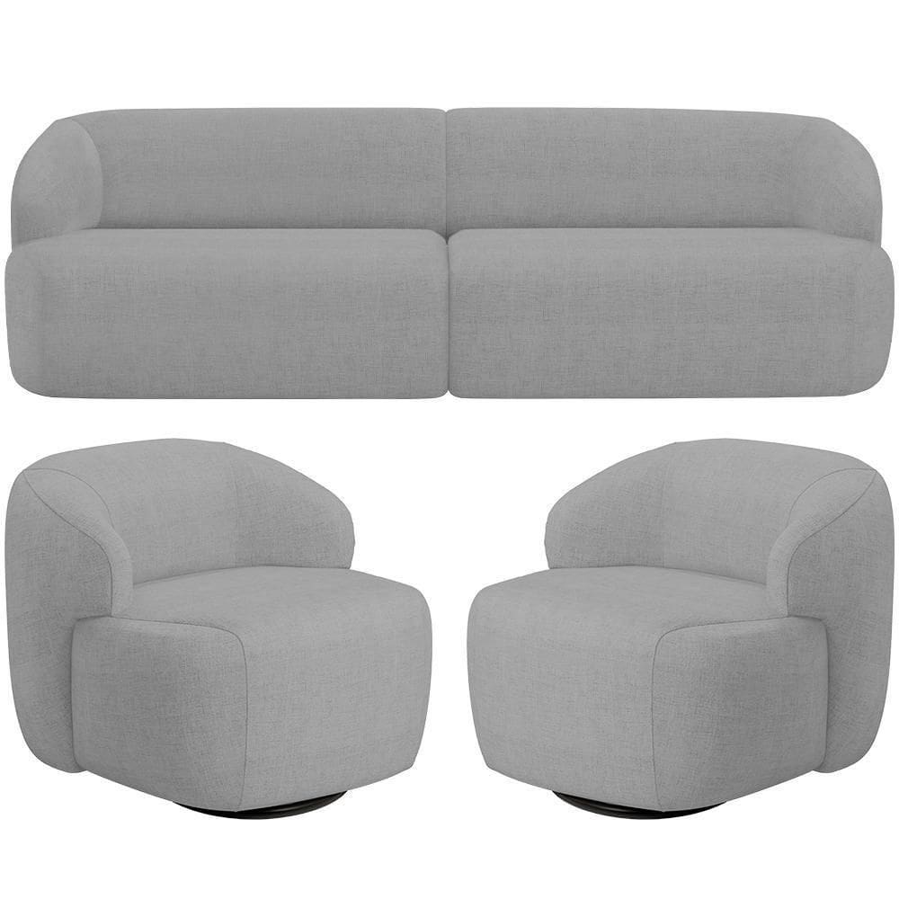 Sofá 3 Lugares Curvo Orgânico Com 02 Poltronas Living 250cm Barolo L06 Linho Cinza Escuro