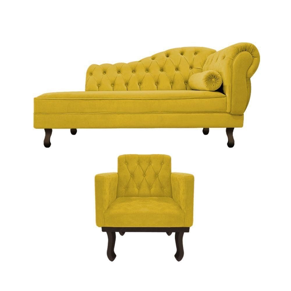 Kit Diva Recamier Diana 120cm Lado Esquerdo E 1 Poltrona Classic Suede Amarelo
