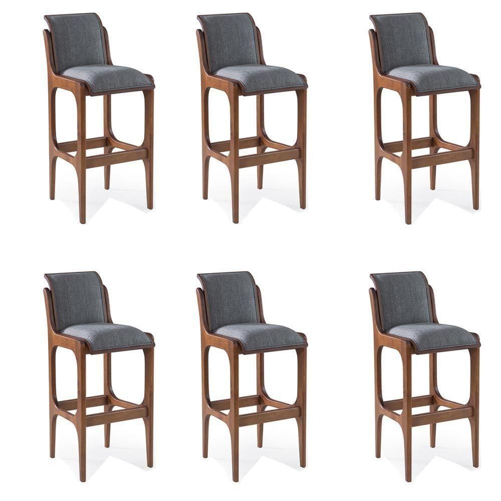 Kit 6 Banquetas Alta Madeira Maciça Pedri Linho Cinza/Imbuia