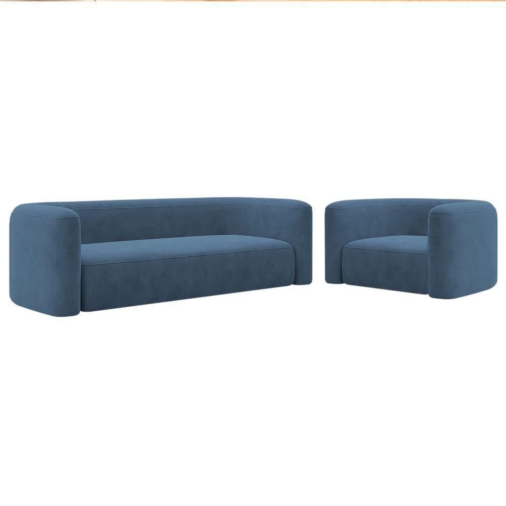Kit Sofá 3 Lugares 180cm E Poltrona Orgânica Luxo Recepção Melina Linho Adj Decor Azul Royal