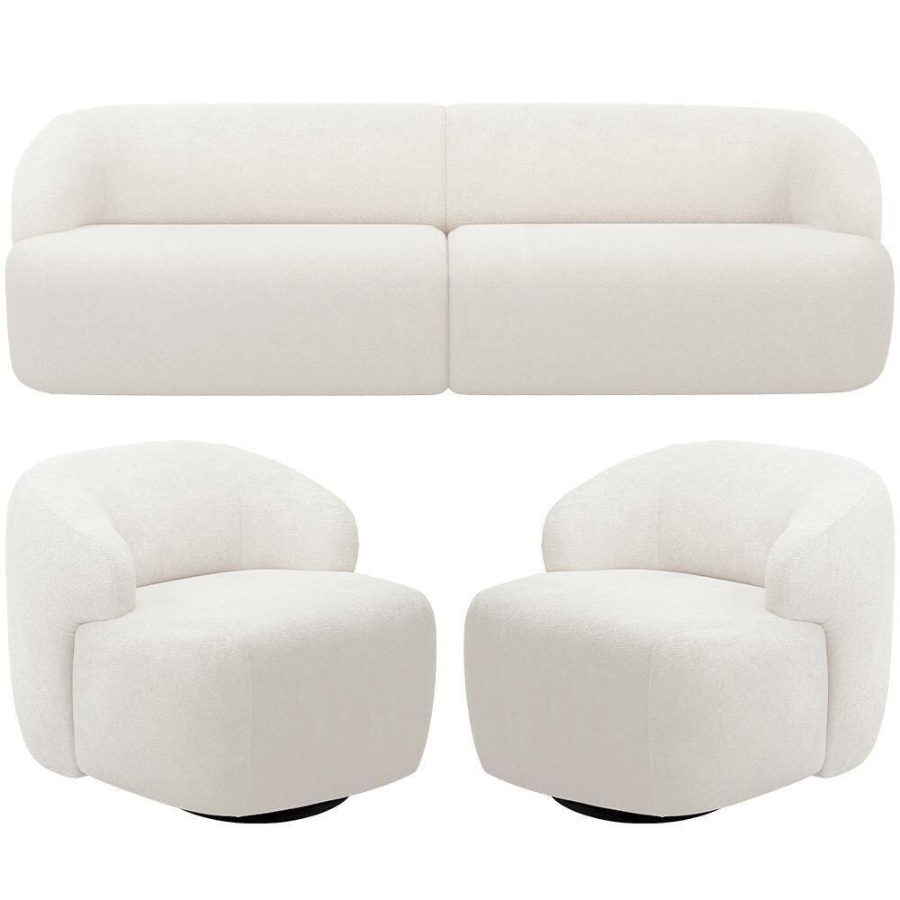 Sofá 3 Lugares Curvo Orgânico Com 02 Poltronas Living 220cm Barolo L06 Bouclê Branco
