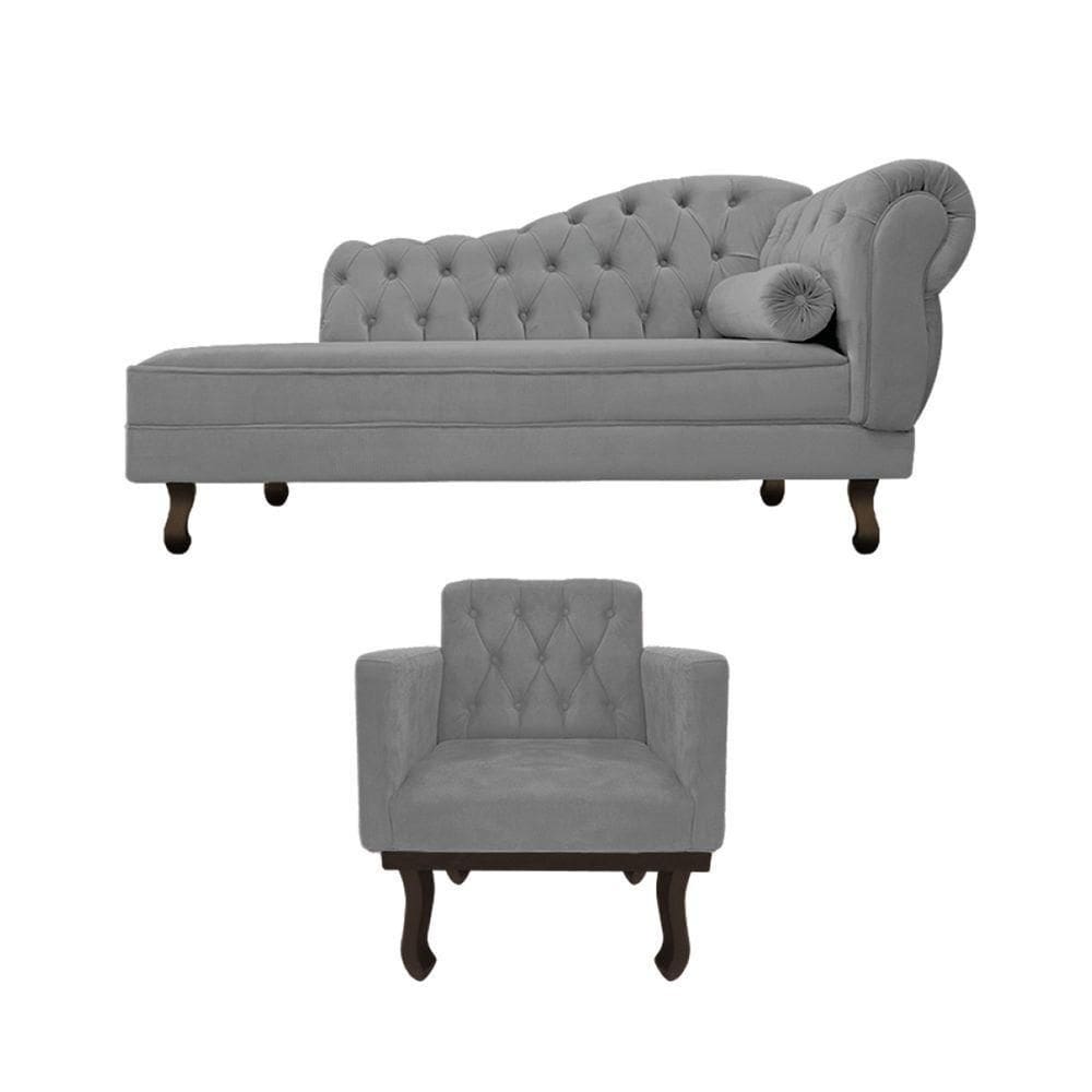 Kit Diva Recamier Diana 120cm Lado Esquerdo E 1 Poltrona Classic Suede Cinza
