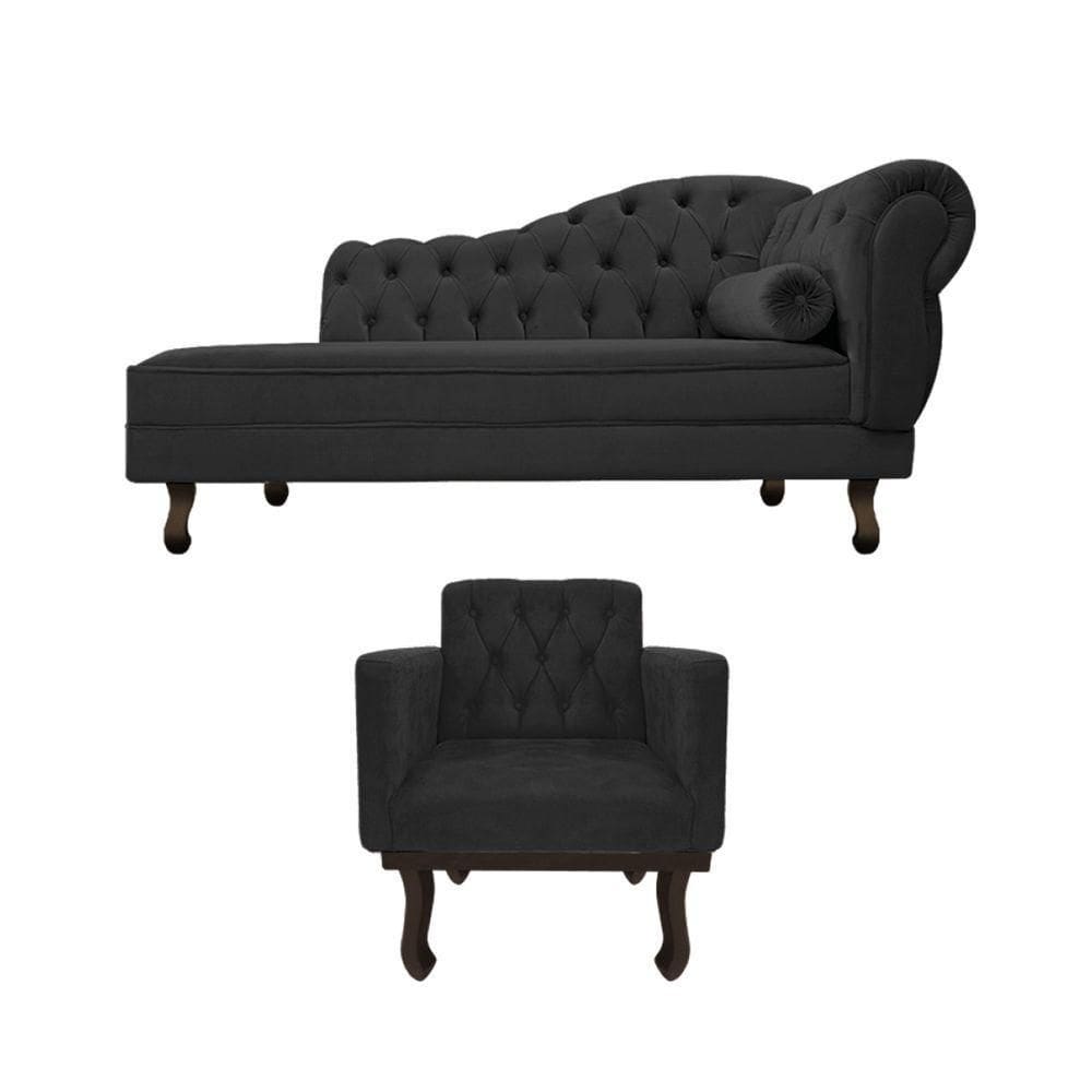 Kit Diva Recamier Diana 120cm Lado Esquerdo E 1 Poltrona Classic Linho Cinza Escuro