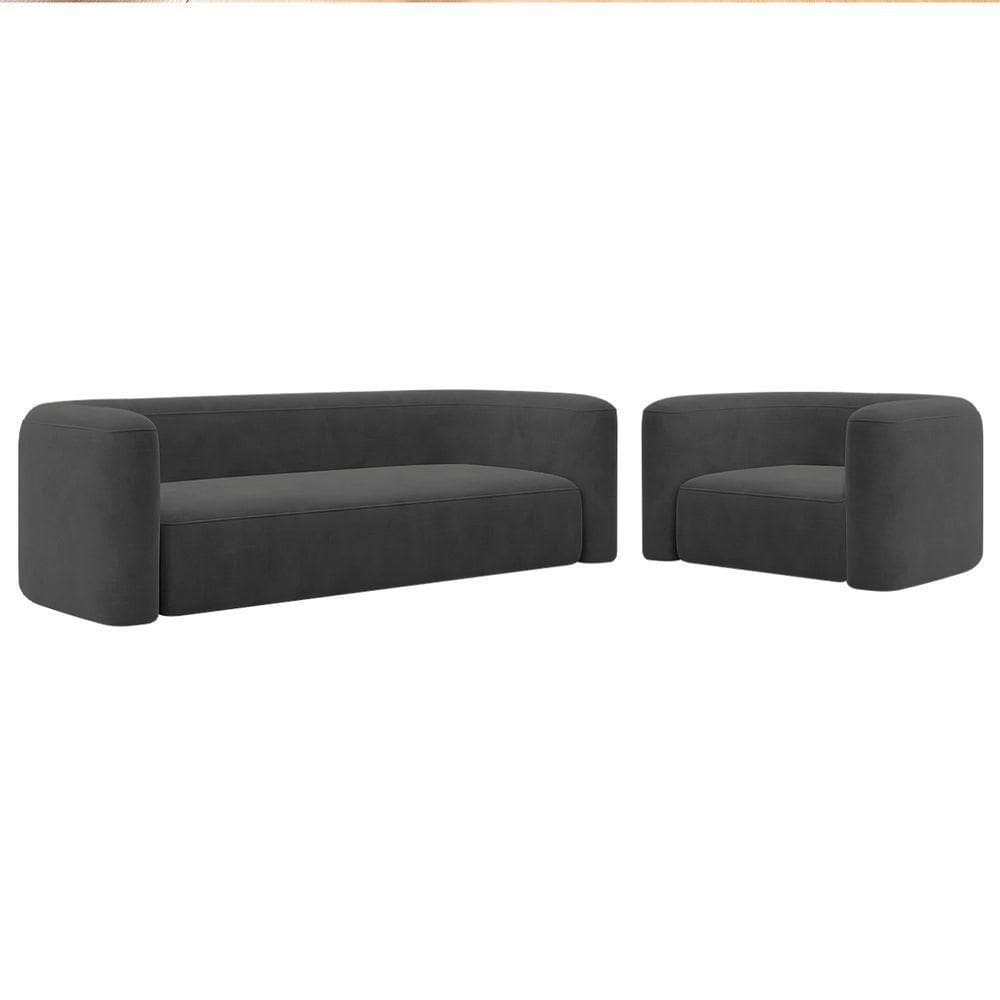 Kit Sofá 3 Lugares 200cm E Poltrona Orgânica Luxo Recepção Melina Linho Cinza Escuro
