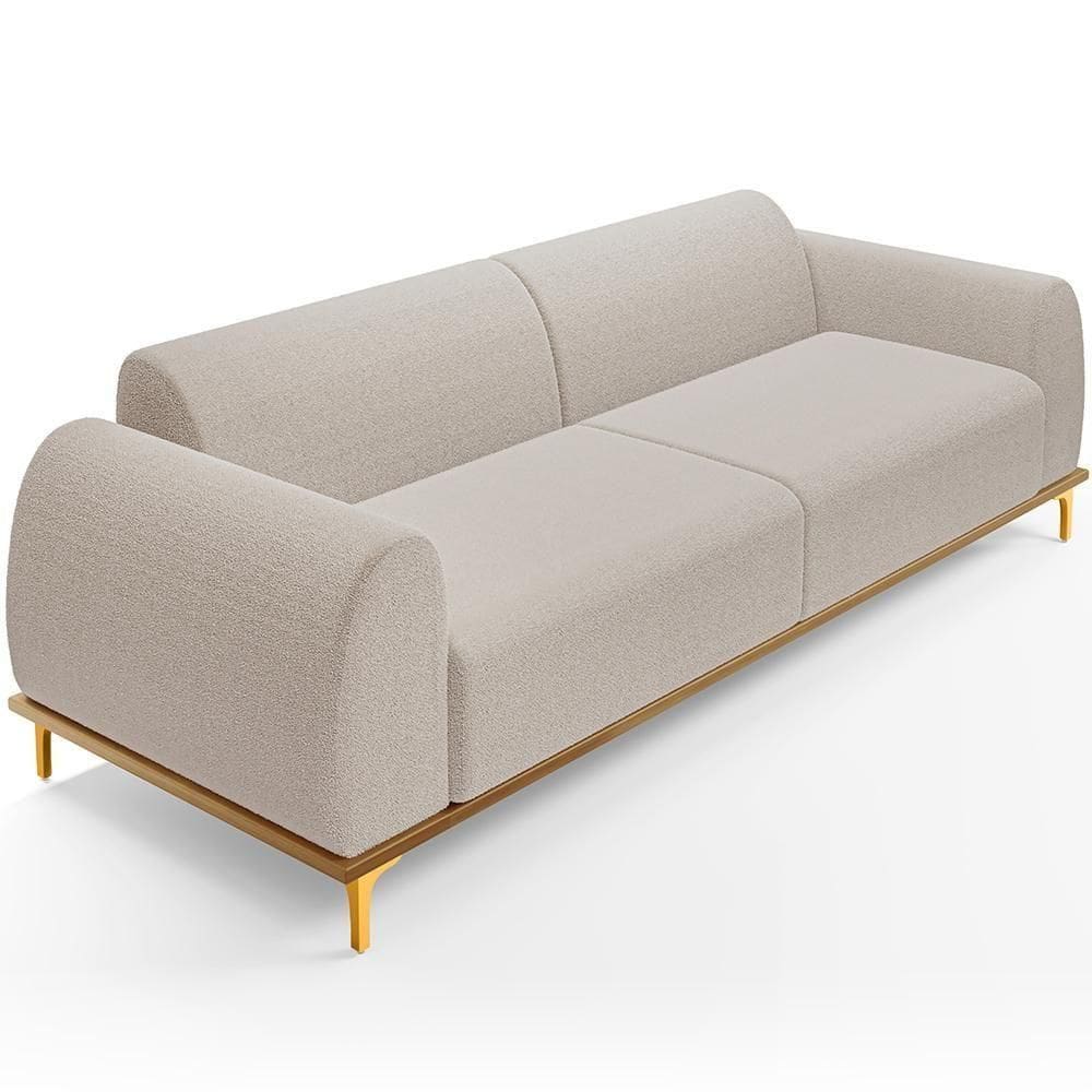 Sofá 3 Lugares Kiev 180cm D02 Base Castanho Pés D`ouro Bouclê Creme B-54