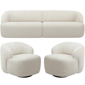Sofá 3 Lugares Curvo Orgânico Com 02 Poltronas Living 250cm Barolo L06 Bouclê Off White
