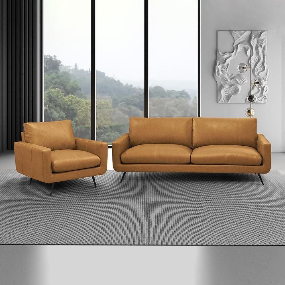 Conjunto Sala De Estar Paloma 1 Sofá 3 Lugares 223cm 1 Poltrona Couro Caramelo Manchado