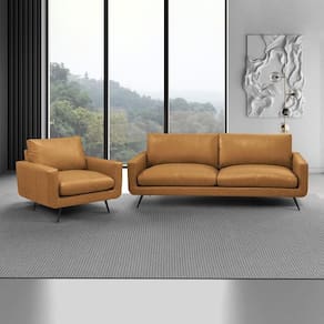 Conjunto Sala De Estar Paloma 1 Sofá 3 Lugares 223cm 1 Poltrona Couro Caramelo Manchado